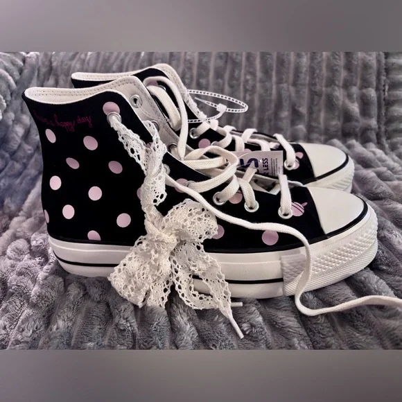Black & Pink Polka Dot Lift Converse All-Star High Top Sneakers A10688C - Picture 3 of 13